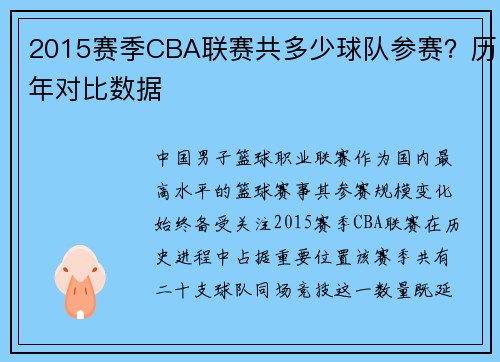 2015赛季CBA联赛共多少球队参赛？历年对比数据