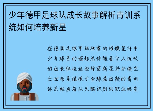 少年德甲足球队成长故事解析青训系统如何培养新星