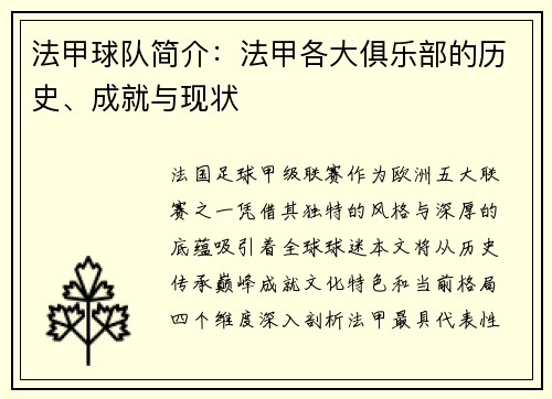 法甲球队简介：法甲各大俱乐部的历史、成就与现状