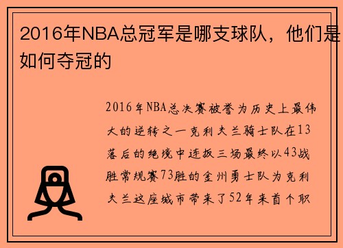 2016年NBA总冠军是哪支球队，他们是如何夺冠的